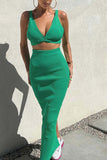 namcoverse Green Twisted-front Tank Top Slit Midi Skirt Suits