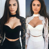 namcoverse namcoverse-Summer Fashion Women Sexy Cutout Long Sleeve Lace Shirt Tops Blouse  Crop Tops White Black