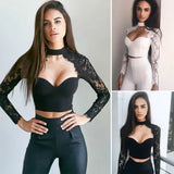 namcoverse namcoverse-Summer Fashion Women Sexy Cutout Long Sleeve Lace Shirt Tops Blouse  Crop Tops White Black