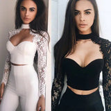 namcoverse namcoverse-Summer Fashion Women Sexy Cutout Long Sleeve Lace Shirt Tops Blouse  Crop Tops White Black