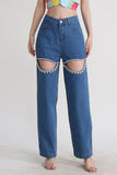 namcoverse High Rise Beading Cutout Straight Denim Jeans