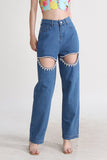 namcoverse High Rise Beading Cutout Straight Denim Jeans