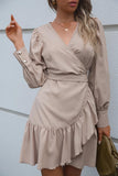 namcoverse Khaki V Neck Irregular Ruffled Mini Dress