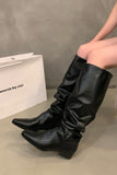 namcoverse Solid Color Pointed-toe Stacked Knee High Boots