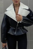 namcoverse Lapel Leather Patchwork Plush Coat