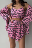 namcoverse Letter Print Open Front Strappy Cardigan Vest Shorts Suits