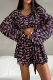 namcoverse Letter Print Open Front Strappy Cardigan Vest Shorts Suits