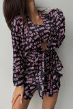 namcoverse Letter Print Open Front Strappy Cardigan Vest Shorts Suits