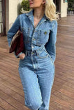 namcoverse Long Sleeve Pocketed High Waist Denim Jumpsuits