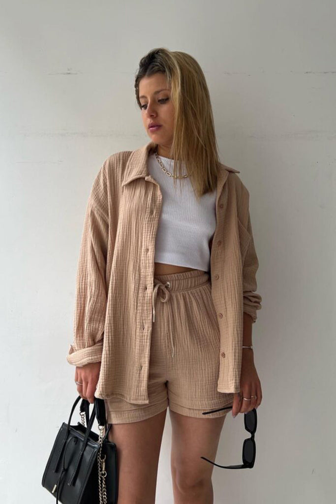 namcoverse Long Sleeve Solid Color Shirt Shorts Set