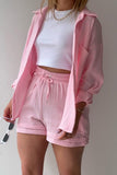 namcoverse Long Sleeve Solid Color Shirt Shorts Set