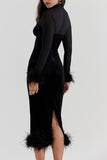 namcoverse Mesh Velvet Patchwork Fuzzy Hem Slit Dress