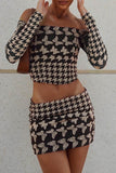 namcoverse Off-Shoulder Houndstooth Butterfly Print Skirt Suits