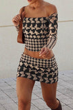 namcoverse Off-Shoulder Houndstooth Butterfly Print Skirt Suits