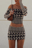 namcoverse Off-Shoulder Houndstooth Butterfly Print Skirt Suits