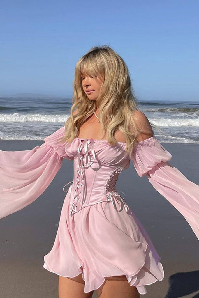 namcoverse Off Shoulder Lace-up Corset Ruched Dress