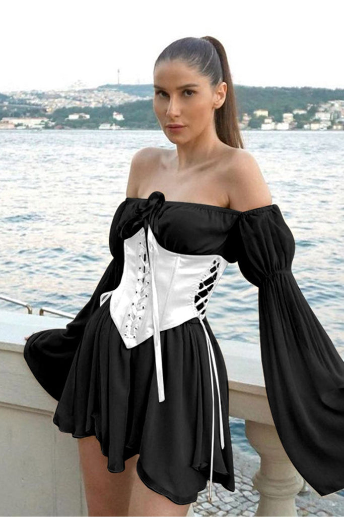 namcoverse Off Shoulder Lace-up Corset Ruched Dress
