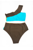 namcoverse One Shoulder Contrast Color Block Crop Top Two Piece Swimsuit