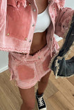 namcoverse Pink Contrast Distressed Denim Crop Top Skirt Suits