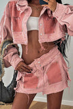 namcoverse Pink Contrast Distressed Denim Crop Top Skirt Suits