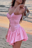 namcoverse Pink Tie-straps Corset Ruched Dress