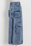 namcoverse Pocket Patchwork Slit A-line Denim Cargo Skirt