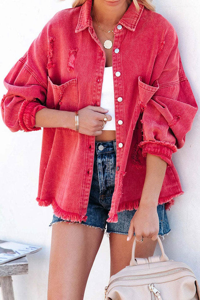 namcoverse Pocketed Solid Color Distressed Denim Jacket