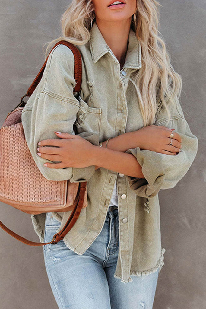 namcoverse Pocketed Solid Color Distressed Denim Jacket