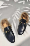 namcoverse Rabbit Fur Lined Leather Loafer Mules