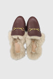 namcoverse Rabbit Fur Lined Leather Loafer Mules