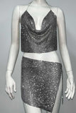 namcoverse Rhinestone Cowl Neck Halter Crop Top Slit Skirt Suits