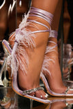 namcoverse Rhinestone Feather Tie-up Square Toe Sandals