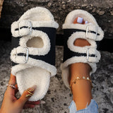 namcoverse Women's Slippers Fur Plush Platform Wear Non-slip Slippers Casual Fashion Pin Buckle Roman Flip-flops Winter New Style