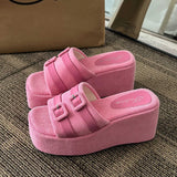 namcoverse-Square Head Platform Slippers Belt Buckles Corduroy Open-toe Women Sandals Summer New  Designer Shoes Fashion Wedge Sandals