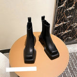 namcoverse namcoverse-Genuine Leather Women Nude Boots New Chunky Heel Chelsea Boots Square Toe High Heeled Short Boots Designer Fashion Women Boots