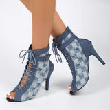 namcoverse namcoverse-Rubber Sole Latin Dance Boots Sexy Modern Shoes Dance High-heeled 9cm Sandals Lace-up Hollow Belt Buckle Fashion Square Denim