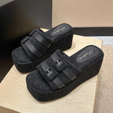 namcoverse-Square Head Platform Slippers Belt Buckles Corduroy Open-toe Women Sandals Summer New  Designer Shoes Fashion Wedge Sandals