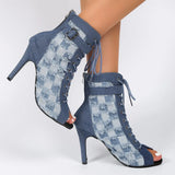 namcoverse namcoverse-Rubber Sole Latin Dance Boots Sexy Modern Shoes Dance High-heeled 9cm Sandals Lace-up Hollow Belt Buckle Fashion Square Denim