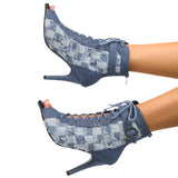 namcoverse namcoverse-Rubber Sole Latin Dance Boots Sexy Modern Shoes Dance High-heeled 9cm Sandals Lace-up Hollow Belt Buckle Fashion Square Denim