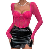 namcoverse namcoverse-Women Y2k Lace Patchwork Corset Crop Tops Sexy V Neck Long Sleeve T-shirt See Through Open Back Bustier Shirt Streetwear