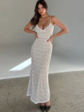 namcoverse Tossy Lace Hollow Out Backless Maxi Dress Slim V-Neck See-Through High Street Summer Elegant Party Dress Fashion Slim Dress 2023