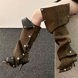 namcoverse High Heel Long Boots for Women High Botte Winter Boots Shoes for Botas Mujer Thin Heeled Pointed Denim Boots Metal Button Shoes