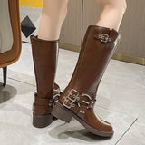 namcoverse namcoverse-Buckle Knee High Boots Woman PU Leahter Motorcycle Boots Woman Brown Mid Length Boots Chunky Retro Punk Western Knights' Boots