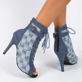 namcoverse namcoverse-Rubber Sole Latin Dance Boots Sexy Modern Shoes Dance High-heeled 9cm Sandals Lace-up Hollow Belt Buckle Fashion Square Denim