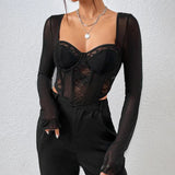 namcoverse namcoverse-Women Y2k Lace Patchwork Corset Crop Tops Sexy V Neck Long Sleeve T-shirt See Through Open Back Bustier Shirt Streetwear