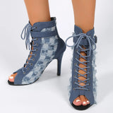 namcoverse namcoverse-Rubber Sole Latin Dance Boots Sexy Modern Shoes Dance High-heeled 9cm Sandals Lace-up Hollow Belt Buckle Fashion Square Denim