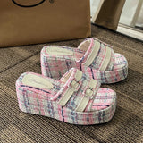 namcoverse-Square Head Platform Slippers Belt Buckles Corduroy Open-toe Women Sandals Summer New  Designer Shoes Fashion Wedge Sandals