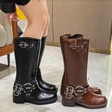 namcoverse namcoverse-Buckle Knee High Boots Woman PU Leahter Motorcycle Boots Woman Brown Mid Length Boots Chunky Retro Punk Western Knights' Boots