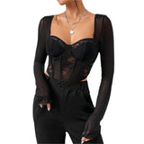 namcoverse namcoverse-Women Y2k Lace Patchwork Corset Crop Tops Sexy V Neck Long Sleeve T-shirt See Through Open Back Bustier Shirt Streetwear