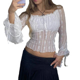 namcoverse namcoverse-Y2k Lace Frill See-through Crop Tops for Women Summer Off Shoulder Long Sleeve Slim Ruched Tee Shirts Blouse Clubwear Streetwear